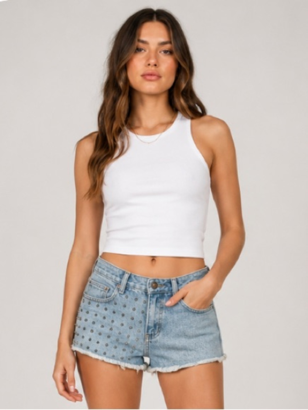 Firefly Spike Embellished Denim Frayed Hem Shorts Size 27